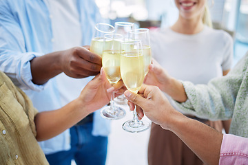 Image showing Hands, group and champagne toast at party, office and celebration drink with cheers with friends. Excited people, success and culture with alcohol, sparkling wine glass and happy at event for holiday