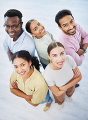 Image showing Top view, people and smile on portrait in office, collaboration and pride for teamwork in company. Happy diversity coworkers, unity and confidence in solidarity, positive and together in workplace