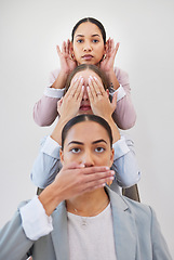 Image showing Business, portrait and women with hand gesture for dont, speak, see or hear on wall background. Corporate, compliance or face of work friends with opinion emoji, silence or listen, vision or voice