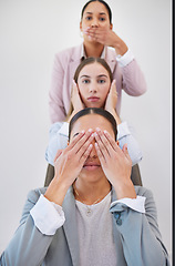 Image showing Business women, portrait and hand gesture for dont, speak, see or hear on wall background. Corporate, compliance and face of work friends with emoji for opinion, silence or listen, vision or voice