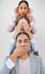 Image showing Portrait, business women and hand gesture for dont, speak, see or hear on wall background. Corporate, compliance and face of wok friends with emoji for opinion, silence or listen, vision or voice