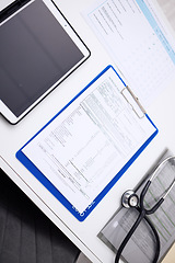 Image showing Tablet, hospital documents and tablet for background, healthcare service and medical results or pathology report. Paperwork, consultation and empty clinic with digital, stethoscope or patient charts