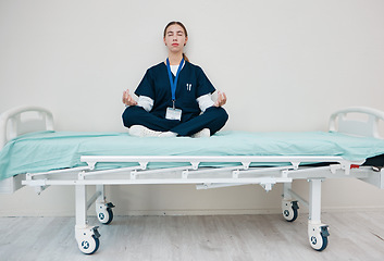 Image showing Doctor, woman and meditate to relax in hospital, healing and break from work, yoga and calm for mental health. Medical professional, peace and wellness for aura, zen and chakra for balance in career