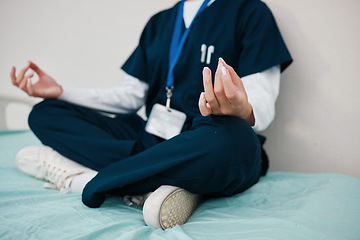 Image showing Doctor, healing and meditate to relax in hospital, yoga and break from work, closeup in calm for mental health. Medical professional, peace and wellness for aura, zen and chakra for balance in career