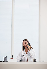 Image showing Phone call, woman and doctor with conversation, healthcare and connection with network, smile and digital app. Person, employee and medical professional with a smartphone, communication and surgeon