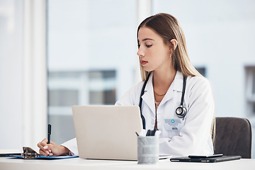 Image showing Laptop, woman or writing research, medical update or telehealth web service in hospital clinic. Clipboard, checklist or surgeon in professional healthcare with paperwork or digital tech for email