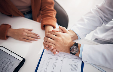 Image showing Diagnosis, results and doctor holding hands with patient for support, care and kindness in clinic or hospital. Healthcare, empathy and counseling person with medical, report and announcement of news