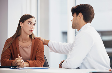 Image showing Support for bad news, patient or doctor with results, medical test exam or cancer diagnosis. Depression, counselling or woman consulting a therapist for healthcare advice, empathy or help in hospital