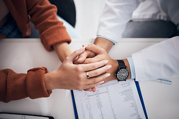 Image showing Diagnosis, results and doctor holding hands with patient for support, care and kindness in clinic or hospital. Healthcare, empathy and counseling person with medical, report and announcement of news