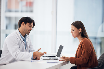 Image showing Bad news, doctor or frustrated patient with results, information or healthcare history for help. Paper, report or medical expert with prescription, checklist or notes on clipboard for an angry woman