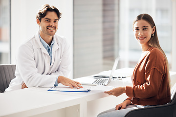 Image showing Happy man, doctor and portrait of patient with documents in consultation, healthcare or appointment at hospital. Medical professional or surgeon smile with customer and paperwork for life insurance