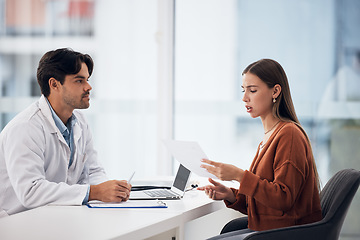 Image showing Document, doctor or frustrated patient with results, healthcare history or insurance contract. Bad news, report or Angry woman with prescription, checklist or paper on clipboard for a medical expert