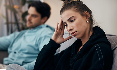 Image showing Frustrated couple, headache and fight on sofa in divorce, disagreement or conflict in living room at home. Man and woman in toxic relationship, cheating affair or dispute on lounge couch at house