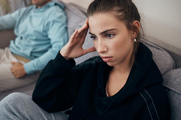 Image showing Divorce, stress and angry couple on a sofa after fighting, argue or infertility problem at home. Marriage, conflict and frustrated woman in living room overthinking, anxiety or sad with cheating man