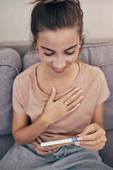 Image showing Pregnancy test, smile and woman on sofa in home, reading good news and check positive results. Pregnant, stick and happy mother in living room excited for success, future maternity and ivf fertility