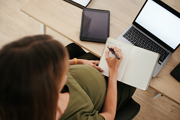 Image showing Pregnancy, business woman writing schedule in book or planning in office top view on laptop mockup. Pregnant secretary at desk working on notes for timetable, agenda reminder or list of receptionist