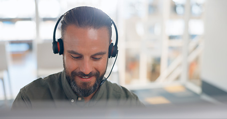 Image showing Mature, man and headset in telemarketing in call centre for communication, feedback or customer care. Consultant, agent and happy for work with online assistance, advice or support with crm