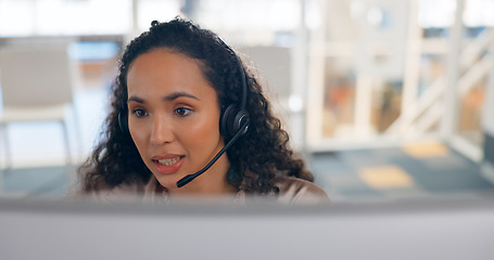 Image showing Face, computer and a woman in a call center for customer service or support with a headset microphone. Contact us, crm or telemarketing with a young consultant talking for help or assistance