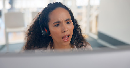 Image showing Face, computer and surprise with a call center woman in customer service or support with a headset microphone. Contact us, crm or sales with a young consultant looking confused at problem solving