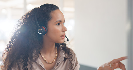 Image showing Consultant, pointing or woman in a telecom call center consulting for communication or tech support. Networking, computer or sales agent talking or speaking online on headset in office help desk