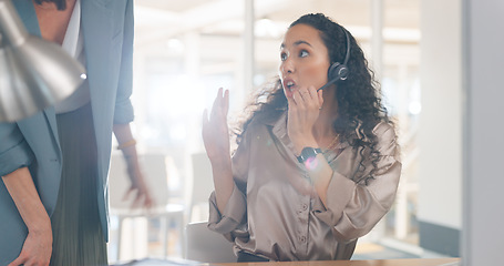 Image showing Problem, error or mistake with a woman in a call center for customer service, support or telemarketing. Contact us, crm and question with a serious young employee busy working in a sales office