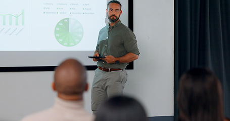 Image showing Finance, presentation and a business man coaching a workshop in the conference room of a workplace. Management, meeting and about us with a confident employee talking about our vision in the office