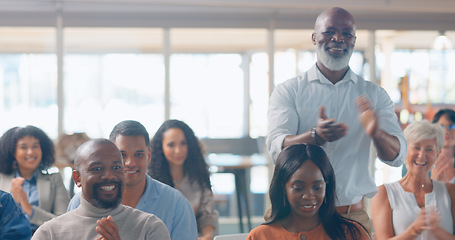 Image showing Business people, workshop and applause with celebration, achievement and happy with motivation, presentation or success. Corporate professionals, audience or group clapping with seminar or conference