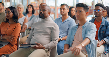 Image showing Business people, learning and seminar for training, workshop and listening to presentation. Conference, audience and crowd with diversity, coaching or attention on meeting, convention and event