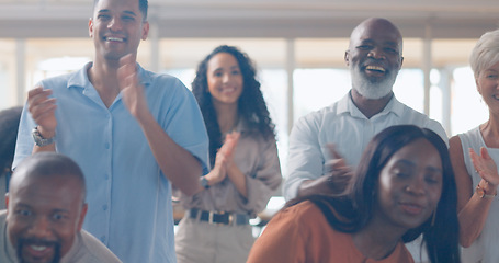 Image showing Businesspeople, success and applause for presentation at seminar, trade show or workshop in New York. Diverse group, staff or crowd with smile, happy or clapping in excitement for speaker with pride