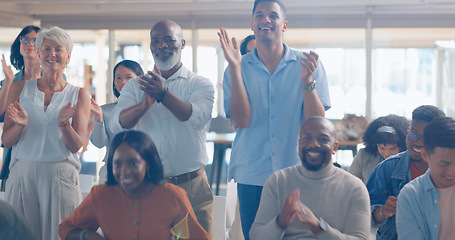 Image showing Business people, seminar and applause with celebration, presentation and happiness with motivation, profit and success. Corporate staff group, audience and group clapping with event and conference