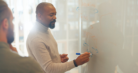 Image showing Business people, presentation or black man writing on board for coaching, learning or mentorship advice. Marketing training, manager or leader teaching ideas for strategy, mission or team planning