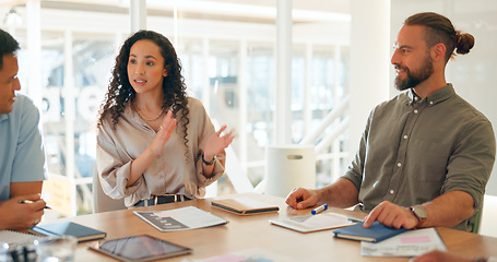 Image showing Meeting, planning and business people in the office for working on a creative project in collaboration. Teamwork, diversity and group of designers in discussion for brainstorming in modern workplace.