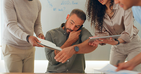 Image showing Phone call, multitasking and man with workflow crisis, business and conversation with planning, deadline and admin. People, manager and employees with chaos, schedule and staff in a workplace