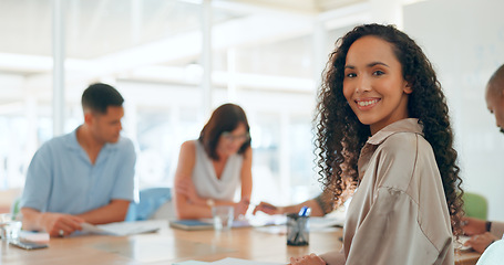 Image showing Meeting, discussion and portrait of business woman in office for working on creative project in collaboration. Teamwork, diversity and face of female designer and colleagues for planning in workplace