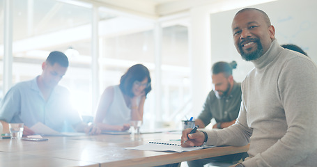 Image showing Meeting, collaboration and portrait of businessman in office for working on a creative project together. Teamwork, diversity and face of male designer with colleagues for planning in workplace.