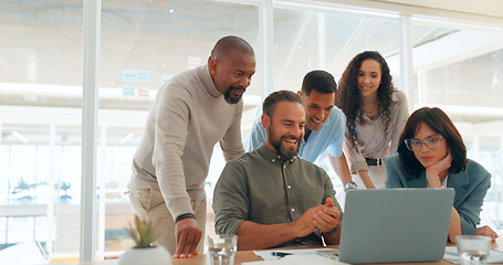 Image showing Laptop, teamwork and happy business people in collaboration, planning or brainstorming. Computer, excited group and creative designers in cooperation, discussion or reading in startup office meeting