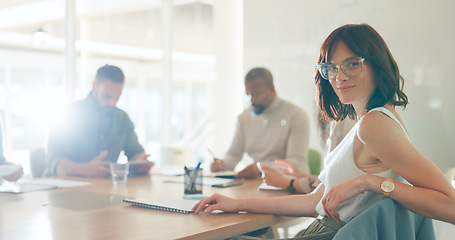 Image showing Meeting, collaboration and portrait of businesswoman in office for working on a creative project together. Teamwork, diversity and face of female designer with colleagues for planning in workplace.