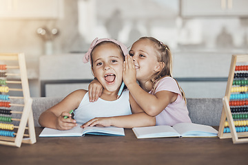 Image showing Portrait, student and kids whisper secret in home school, learning news and study. Face, gossip in ear and wow, shock or hearing story of education, listening to confidential conversation and happy