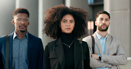 Image showing Portrait, collaboration and leadership with a business team in the city together for corporate management. Teamwork, confident or serious with a young woman leader and her employee group in town