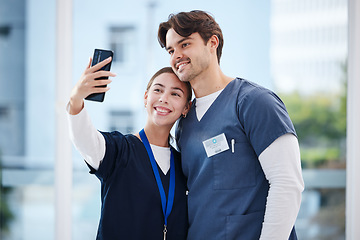 Image showing Happiness, friends and selfie of team doctors, nurses or surgeon smile, profile picture and clinic photography. Service teamwork, healthcare cooperation and medic post photo to wellness social media