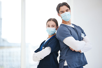 Image showing Portrait, arms crossed and hospital team, doctors or nurses with confidence, career pride and expert medical service. Safety face mask, clinic workforce and professional surgeon with job experience