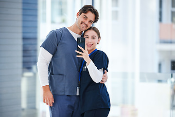 Image showing Doctors hug, friends selfie or happy people, nurses or surgeon smile for medical services, help or clinic photography. Embrace, healthcare collaboration or medic post memory photo to social network