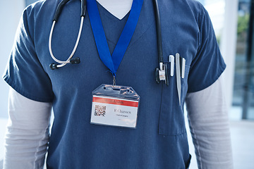 Image showing Close up, doctor and medical hospital with stethoscope, morning sunrise and name tag. Healthcare, service professional and work for wellness, scrubs and worker for employee, surgeon and medicare