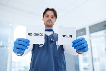 Image showing Life, choice and doctor with paper in hands for abortion, human rights or decision in clinic. Nurse, poster and support for women with option of family planning in hospital or medical contraception