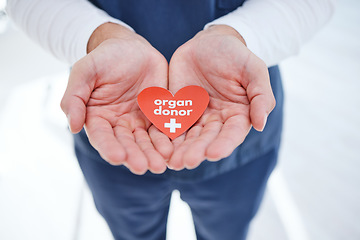 Image showing Doctor, hands and heart for organ donor, support and good deed for healthcare and medical service. Nurse, hospital and charity for help, transplant and sign for medicare, compassion and donation