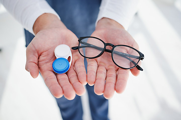 Image showing Optometrist, contact lens and glasses for sight, vision or prescription for choice, laser or optician. Doctor, medicine or professional with frames, medical and health for optometry, close up or case