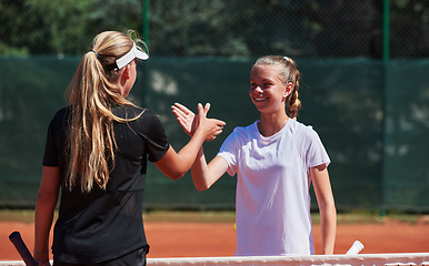 Image showing Two female tennis players shaking hands with smiles on a sunny day, exuding sportsmanship and friendship after a competitive match.