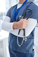 Image showing Stethoscope, doctor arms crossed and hospital person, nurse or cardiologist for heartbeat, breathing or health exam. Healthcare trust, closeup surgeon hands and nursing medic for cardiology support