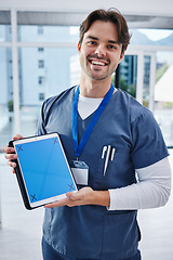 Image showing Tablet, screen or portrait of happy man, doctor or nurse smile for healthcare presentation, clinic promotion or medicine news. Mockup space, wellness info data or person with medical tracking markers