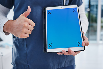 Image showing Tablet green screen, hands and person thumbs up for doctor healthcare presentation, telehealth feedback or medical agreement. UI mockup space, tracking markers or closeup surgeon show research review